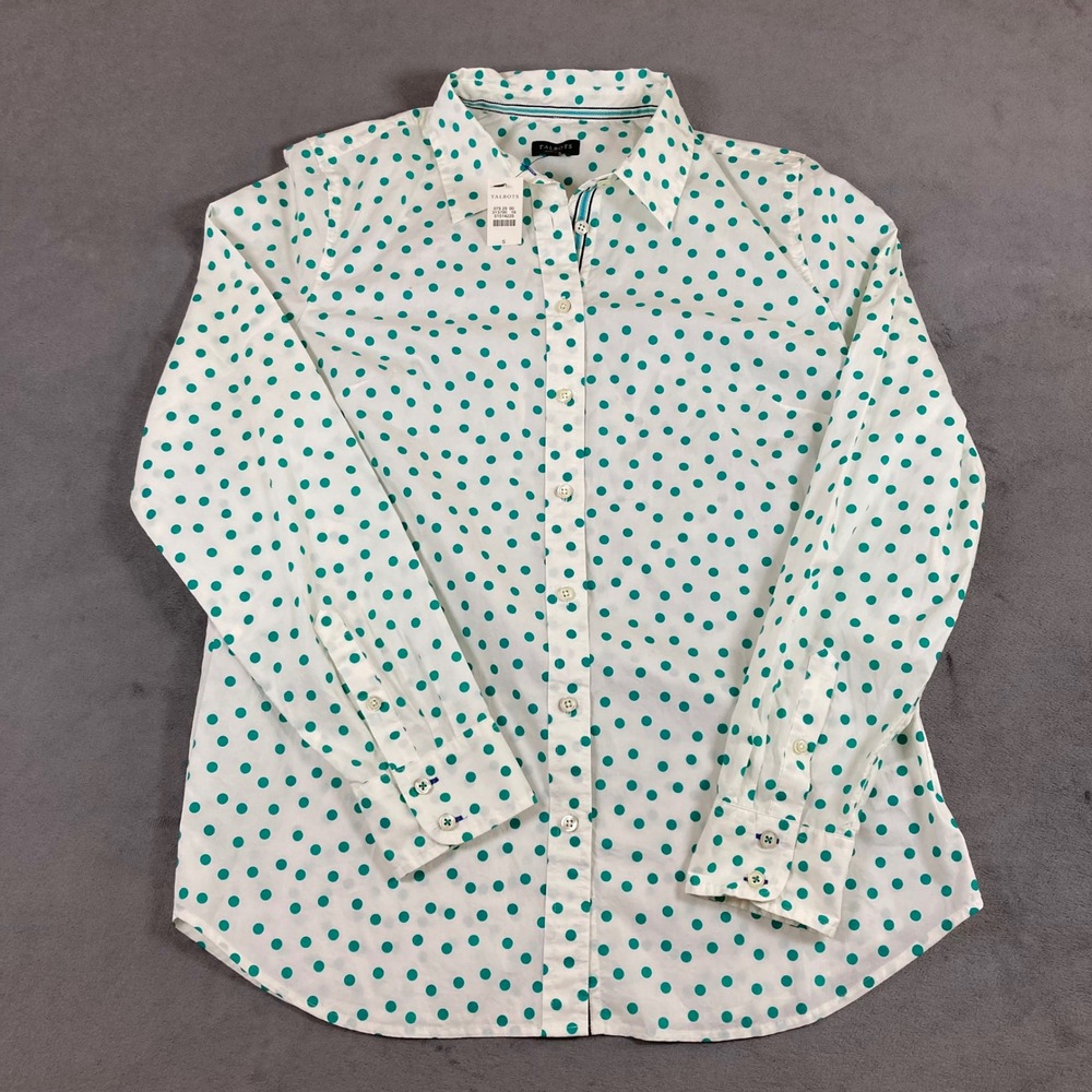Talbots Womens White Teal Polka Dot Cotton Button Down Shirt Small NWT